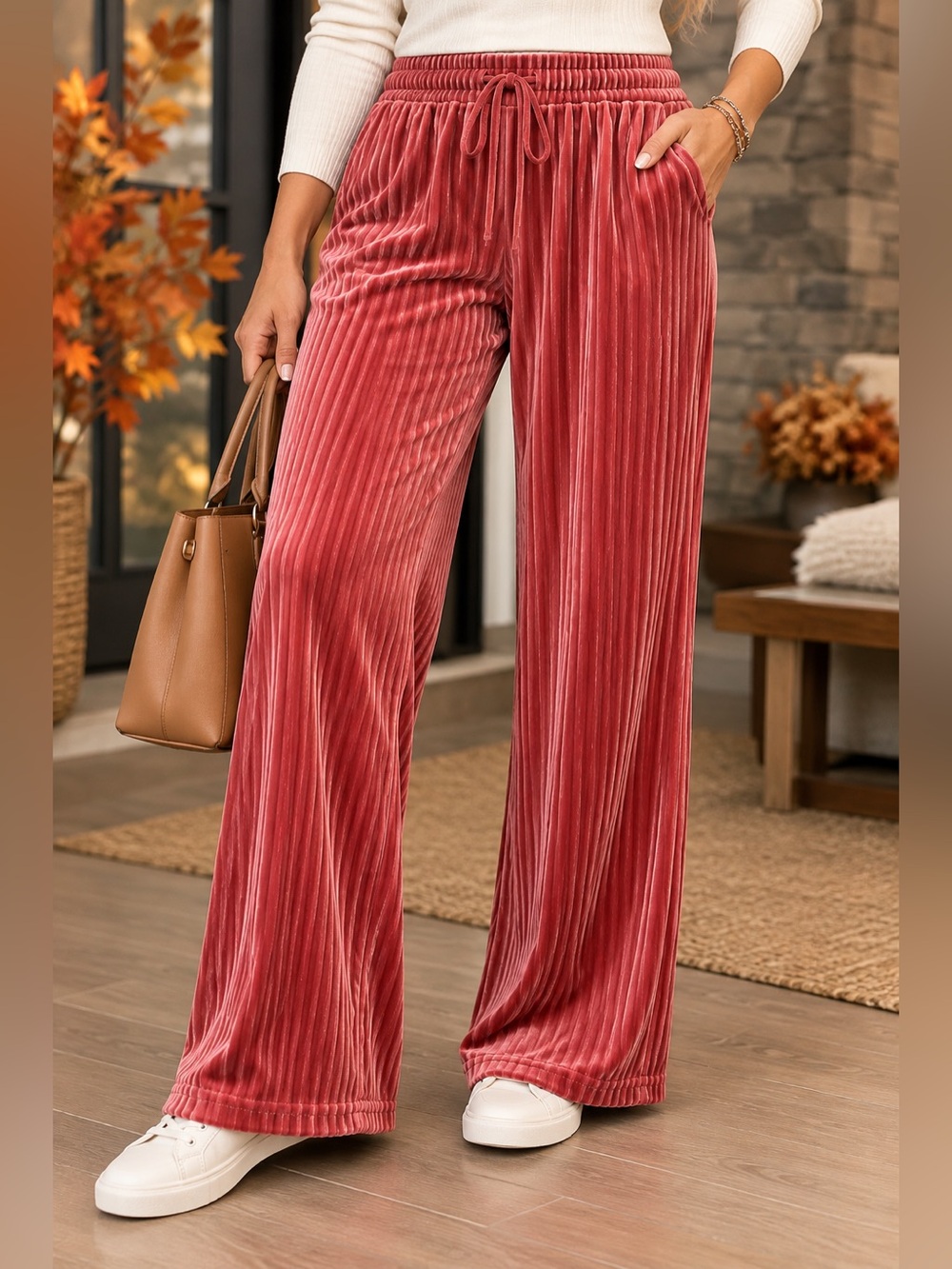 LOVE POEM by Block Women’s M Pink Ribbed Velvet Velour Wide Leg Pants